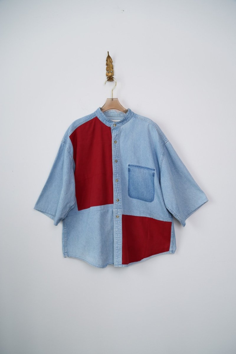 Light Denim and Cherry | Patchwork Short Sleeve Button Down (Reworked) - Made X Hudson