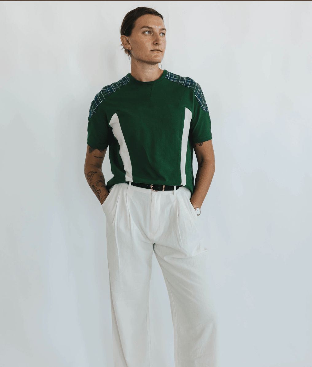 Green Jersey T-Shirt | Color Blocked with Plaid Shoulder - Made X Hudson