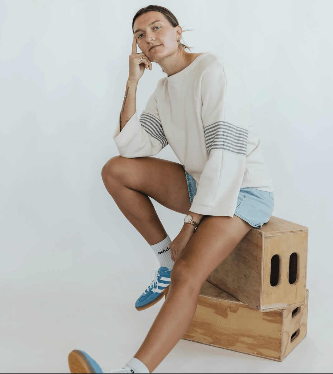 Beige Cotton Ragland Crewneck | Color Blocked with Vintage Stripe Elbows - Made X Hudson