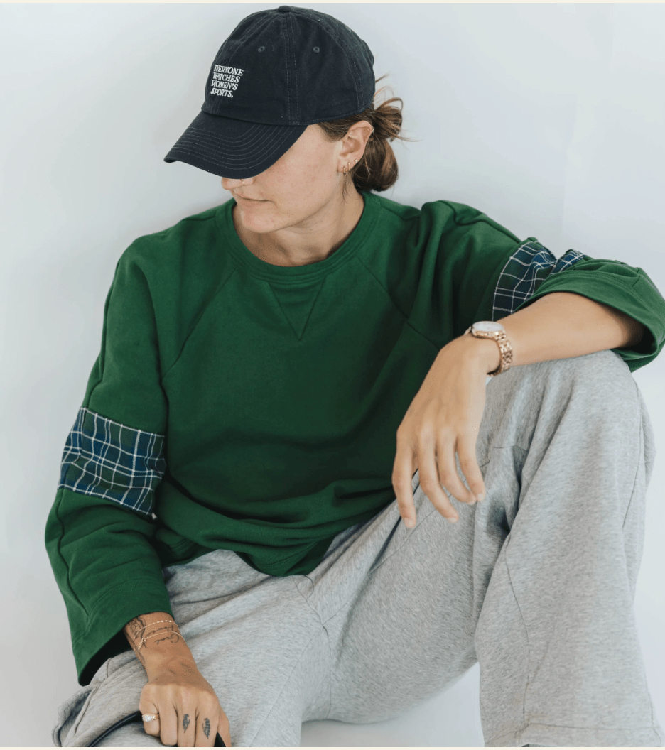 Green Cotton Ragland Crewneck | Color Blocked with Plaid Elbows - Made X Hudson