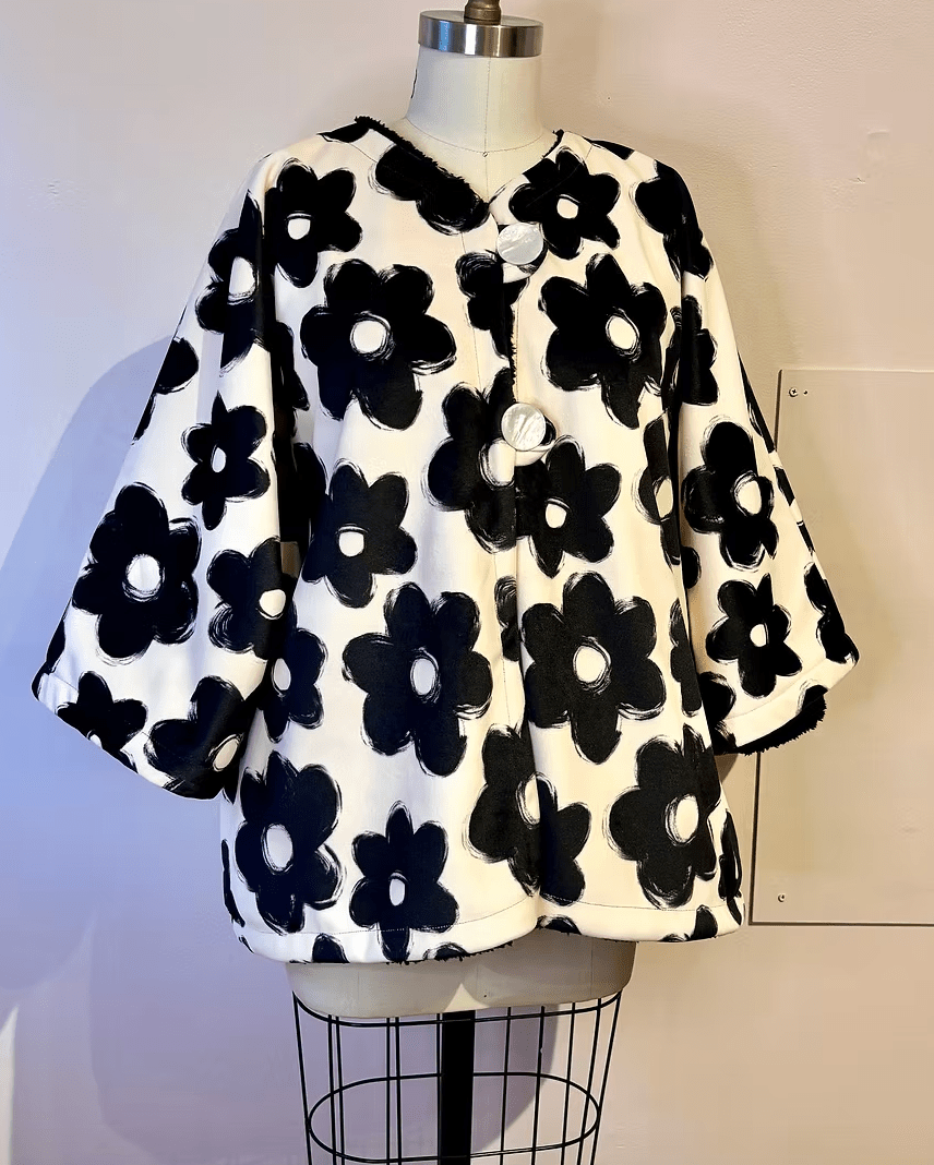 Black Flower Fleece and Sherpa Dolman Jacket - Made X Hudson