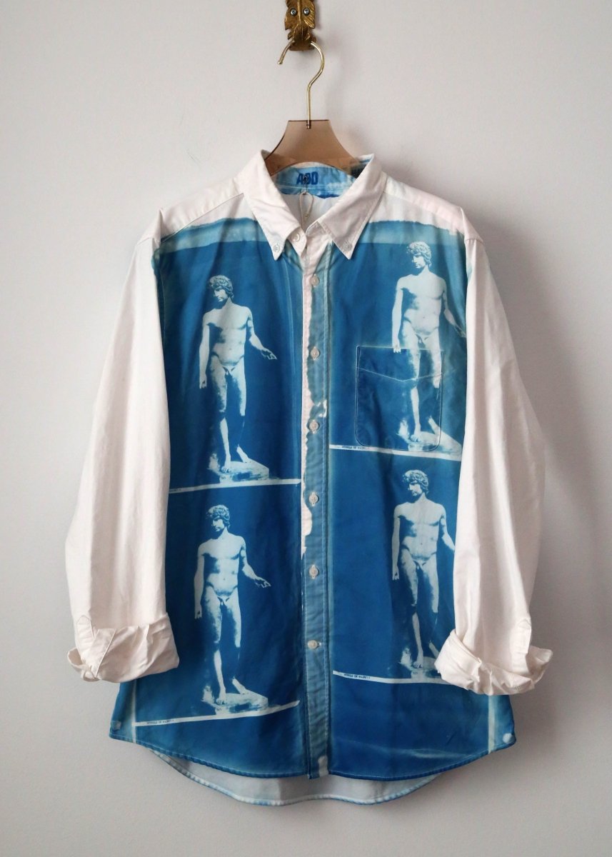 Statue of David Blue Cyanotype over White Button-Up Shirt (Reworked) - Made X Hudson