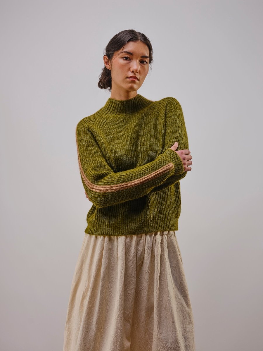 Racing Stripe Mockneck Moss Sweater - Made X Hudson