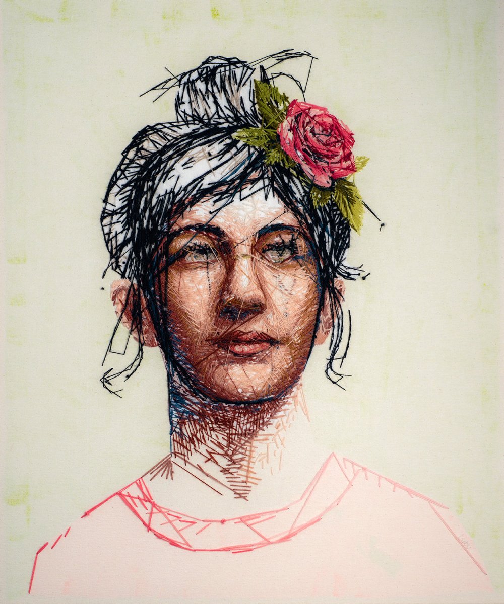 Hand Embroidered “Laura In Pink” 2022, 20”x24” framed by Lucy Bohnsack - Made X Hudson