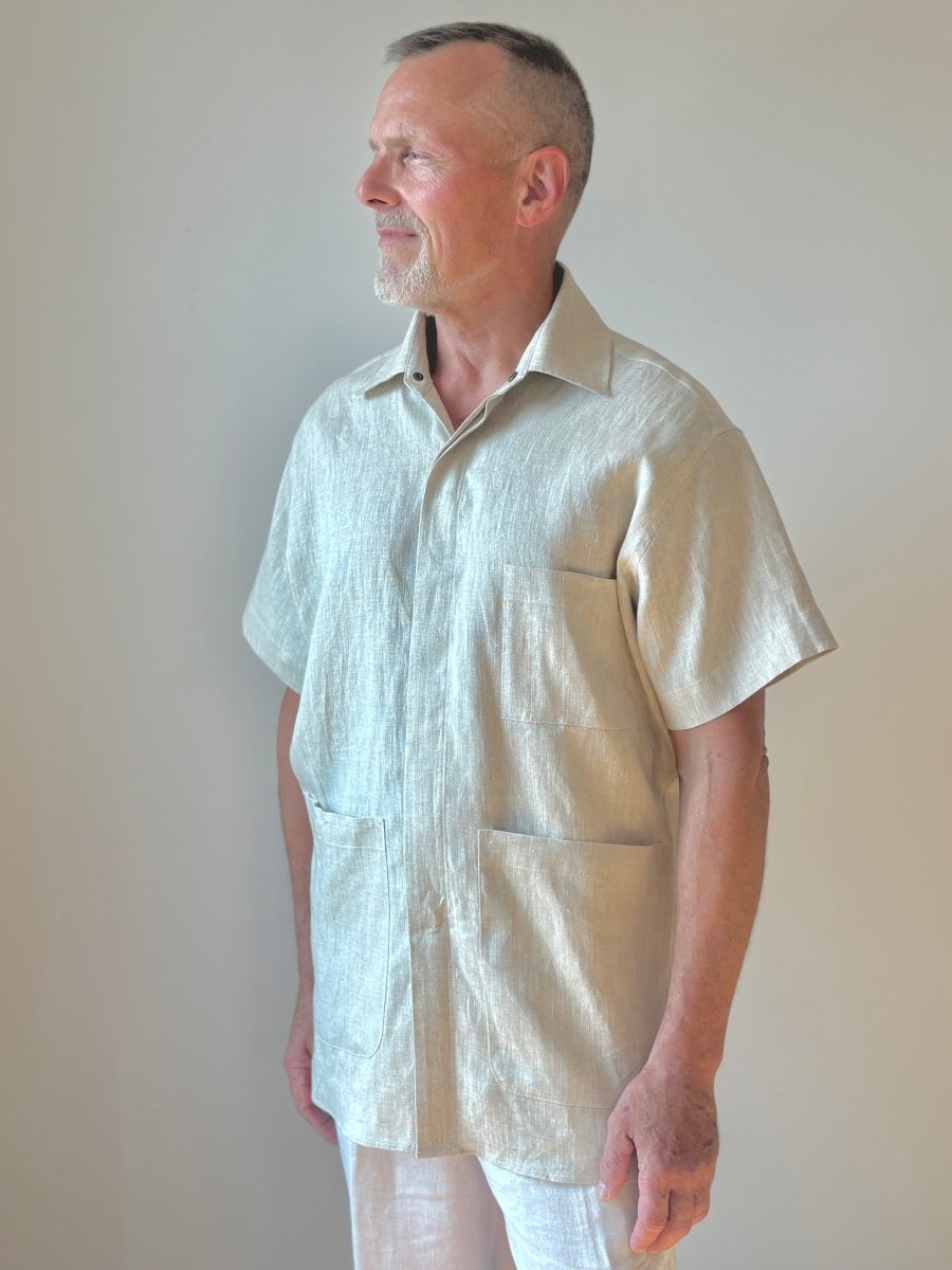 Utility Short Sleeve Shirt Snap Up in Natural Linen with Patch Pockets - Made X Hudson