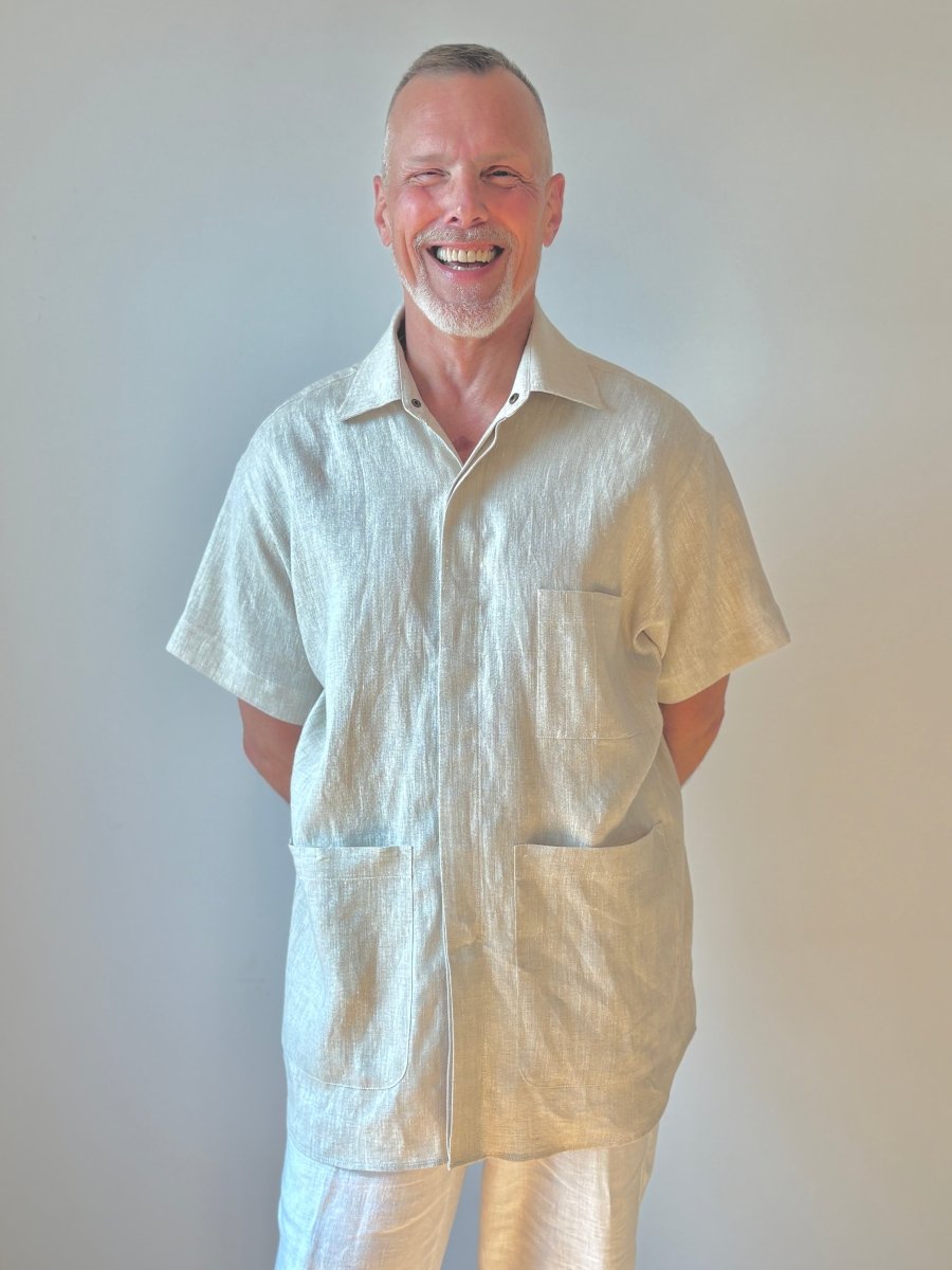 Utility Short Sleeve Shirt Snap Up in Natural Linen with Patch Pockets - Made X Hudson