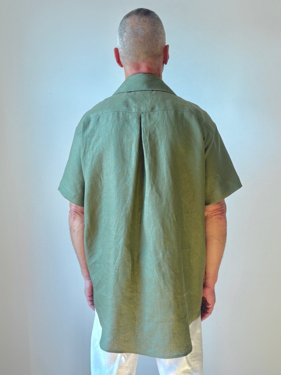 Utility Short Sleeve Shirt Snap Up in Herb Green Linen with Patch Pockets - Made X Hudson