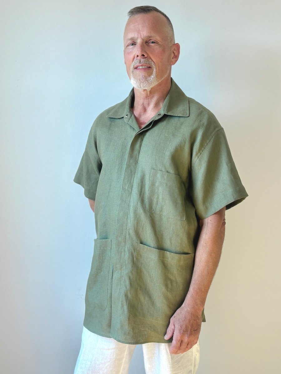 Utility Short Sleeve Shirt Snap Up in Herb Green Linen with Patch Pockets - Made X Hudson