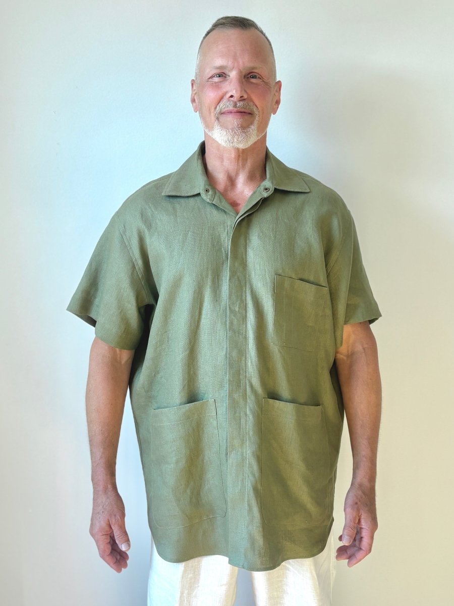Utility Short Sleeve Shirt Snap Up in Herb Green Linen with Patch Pockets - Made X Hudson