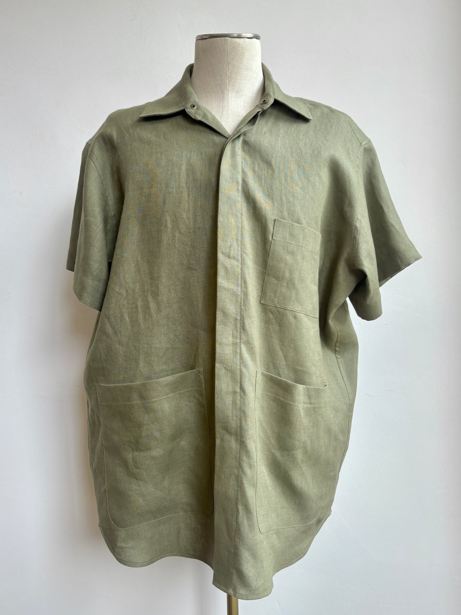 Utility Short Sleeve Shirt Snap Up in Herb Green Linen with Patch Pockets - Made X Hudson