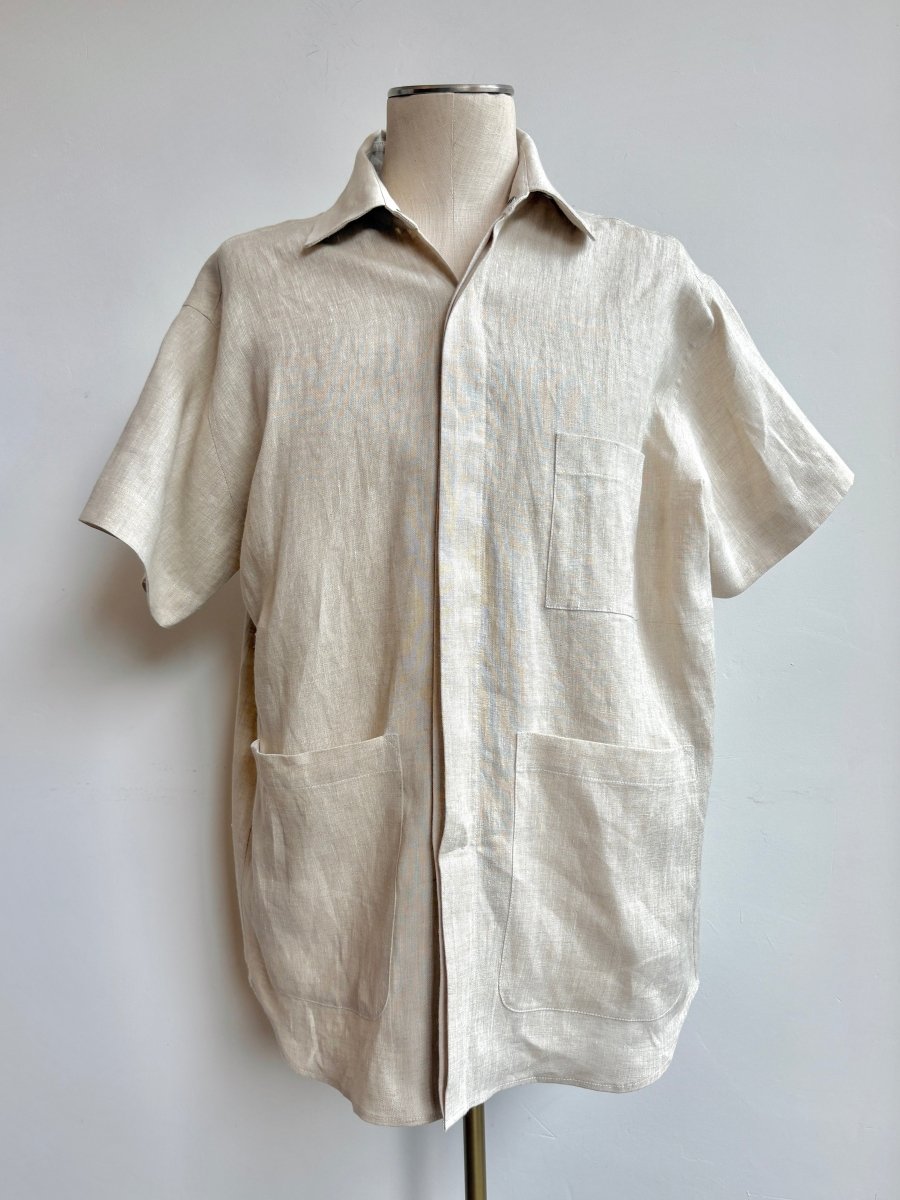Utility Short Sleeve Shirt Snap Up in Natural Linen with Patch Pockets - Made X Hudson