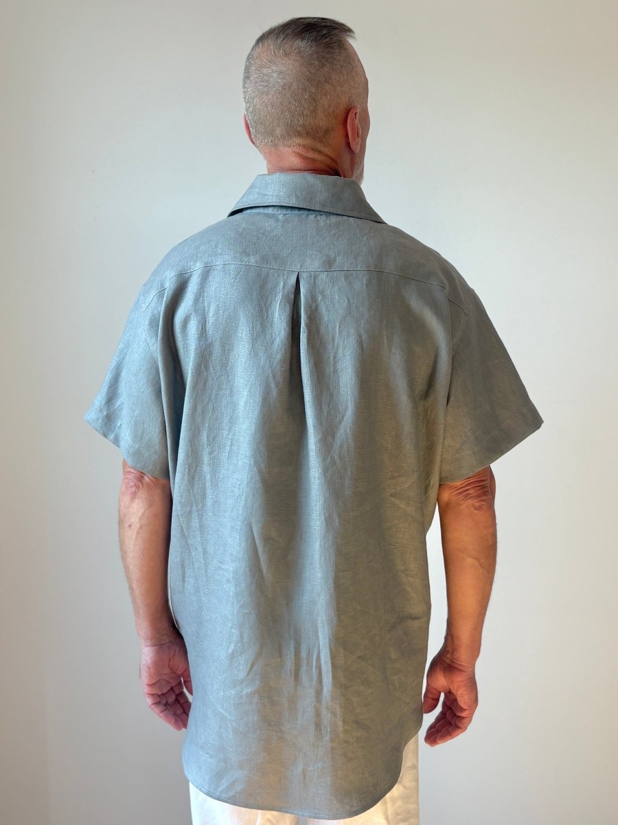 Utility Short Sleeve Shirt Snap Up in Pale Slate Grey Linen with Patch Pockets - Made X Hudson