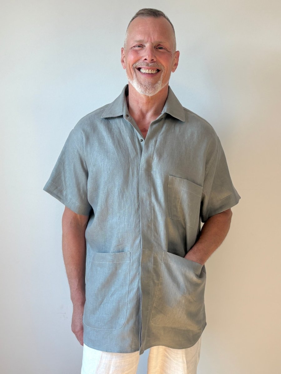 Utility Short Sleeve Shirt Snap Up in Pale Slate Grey Linen with