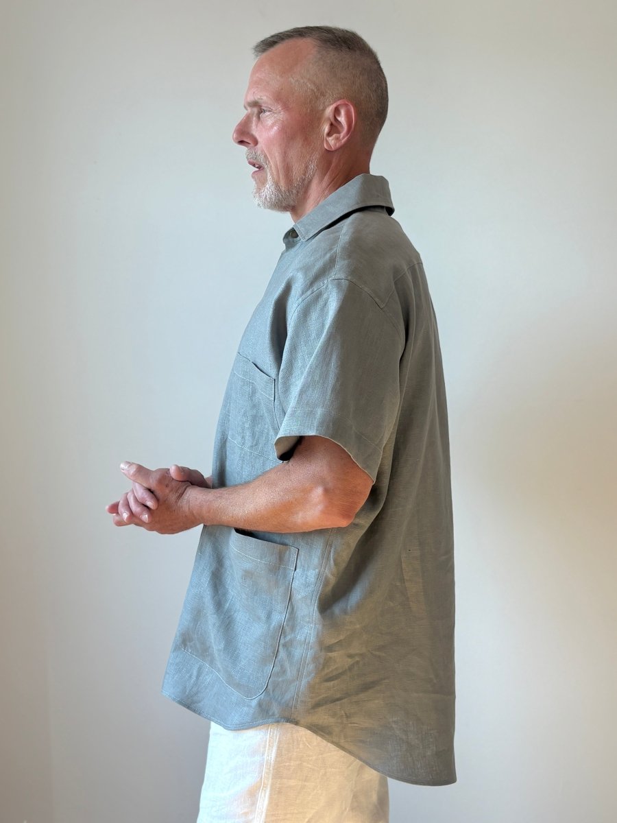 Utility Short Sleeve Shirt Snap Up in Pale Slate Grey Linen with Patch Pockets - Made X Hudson