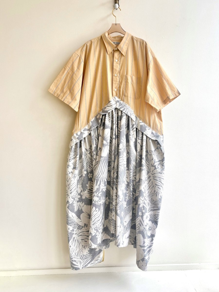 V - Line Shirtwaist Dress in Tropical Plaid and Mustard Stripe Short Sleeve (Reworked) - Made X Hudson