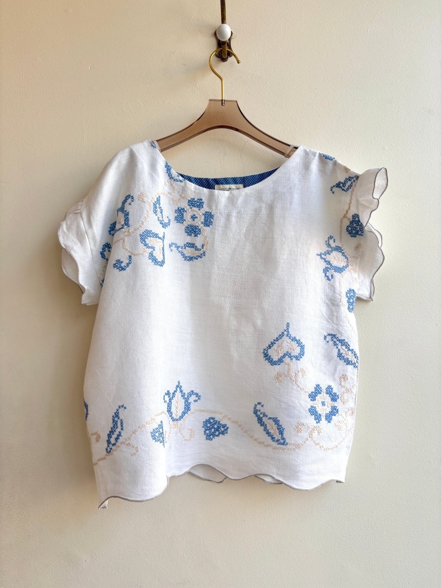 White, Cream and Sky Blue Embroidered Box Top with Ruffle Sleeve - Made X Hudson