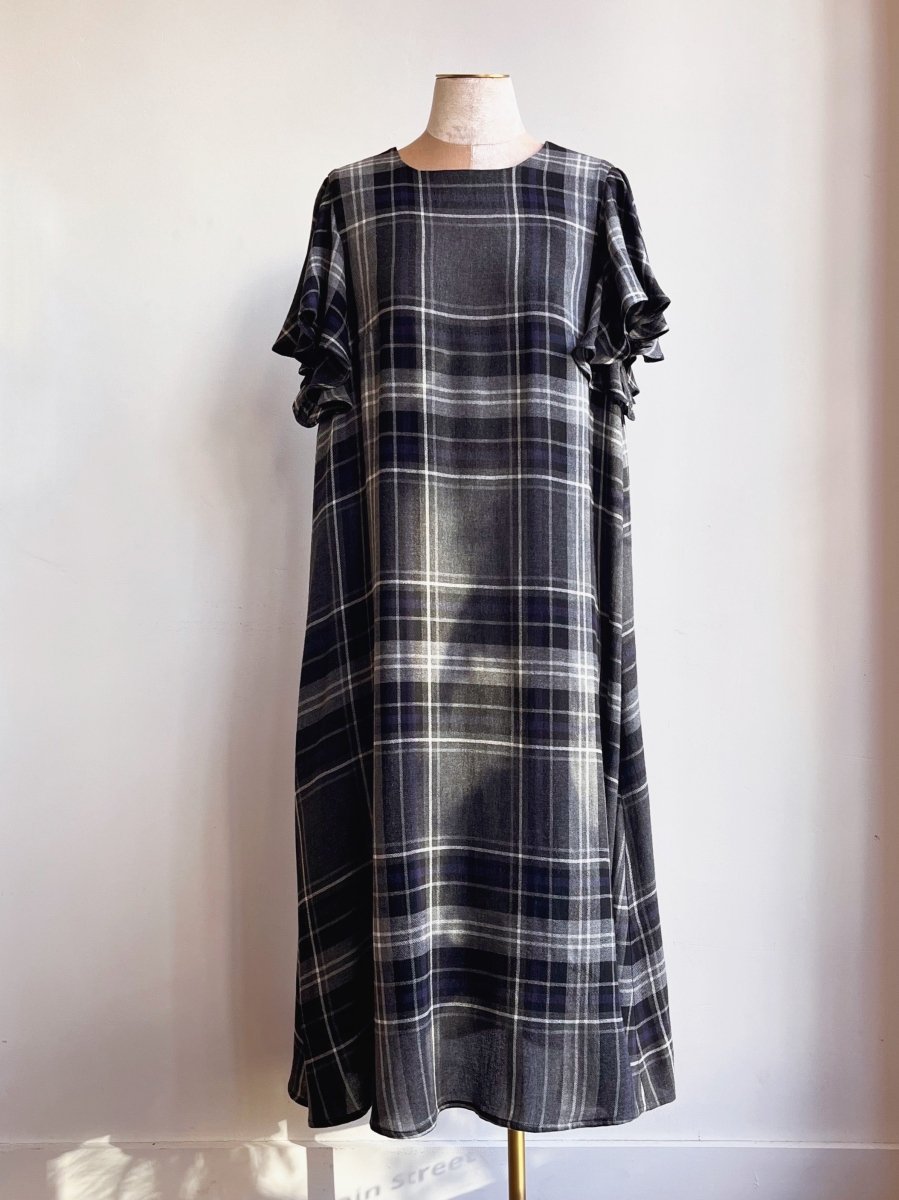 Black, Blue, and Grey Plaid Chore Dress with Flutter Sleeve - Made X Hudson