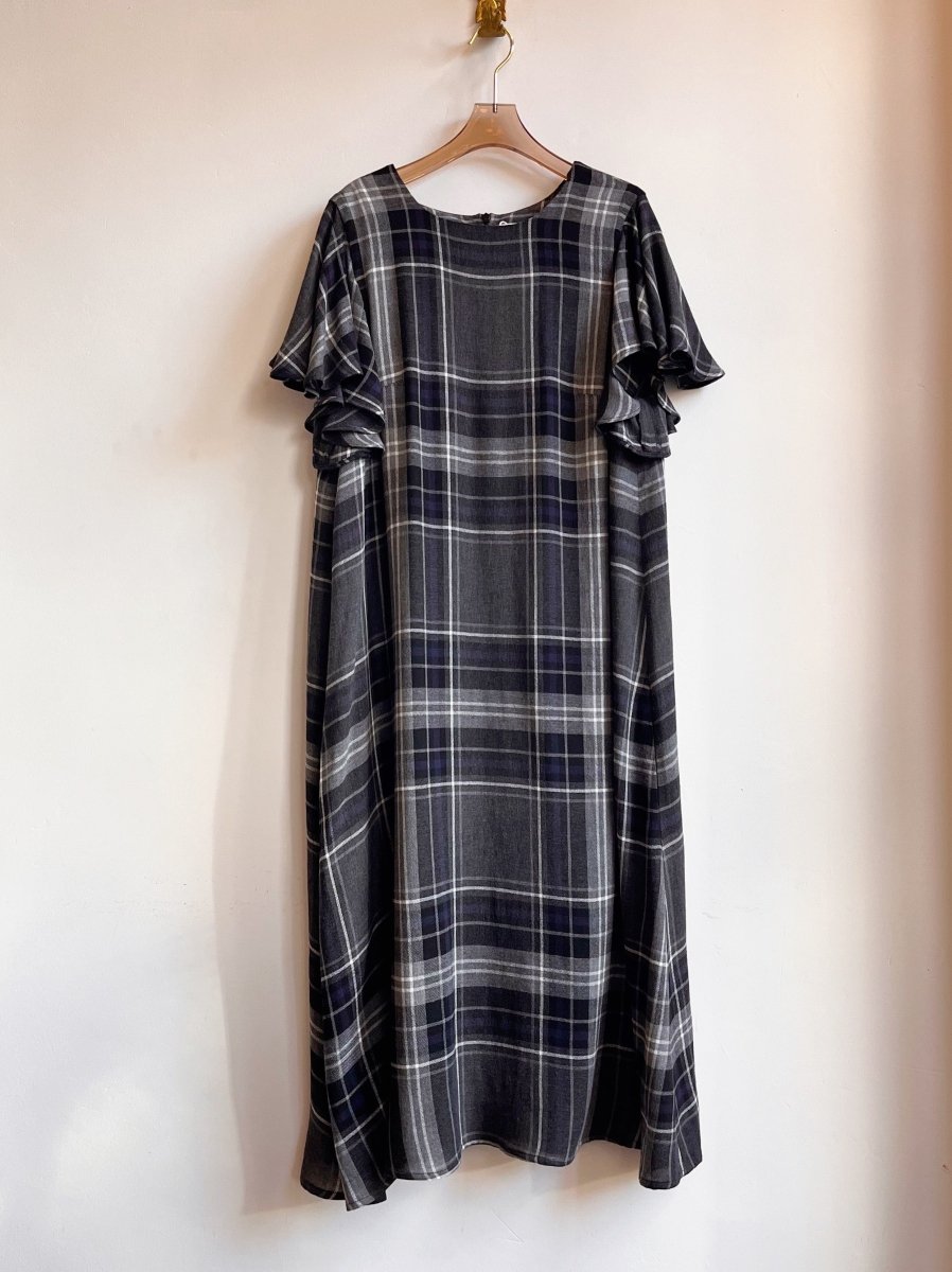 Black, Blue, and Grey Plaid Chore Dress with Flutter Sleeve - Made X Hudson