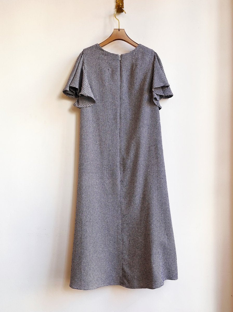 Blue and White Houndstooth Wool Chore Dress with Flutter Sleeve - Made X Hudson