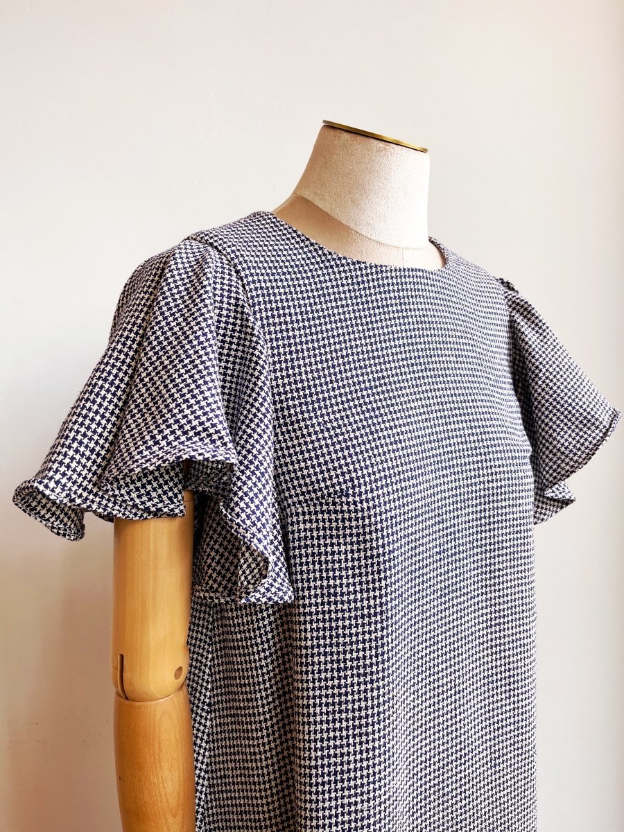 Blue and White Houndstooth Wool Chore Dress with Flutter Sleeve - Made X Hudson