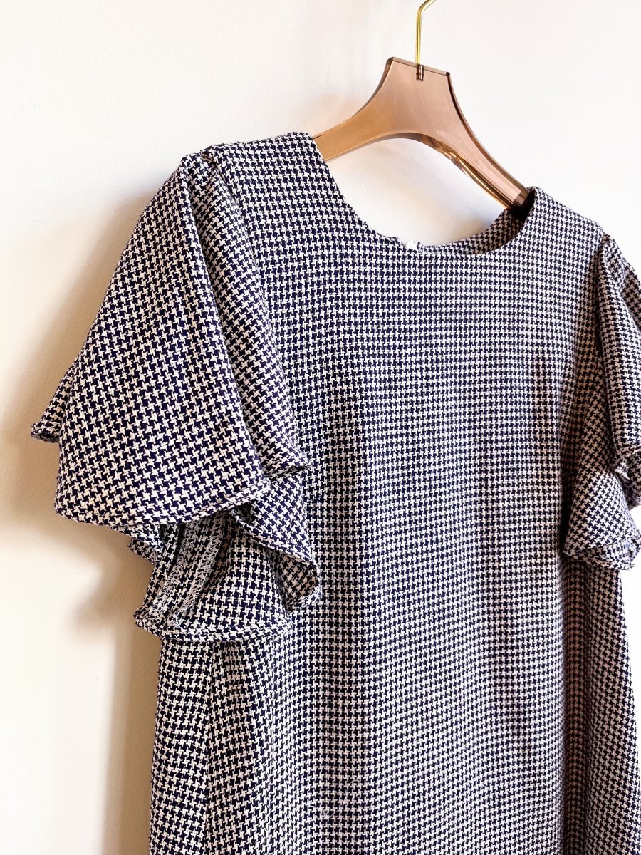 Blue and White Houndstooth Wool Chore Dress with Flutter Sleeve - Made X Hudson