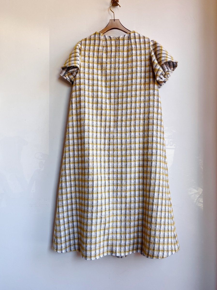 White, Gold, and Black Plaid Fuzzy Chore Dress with Flutter Sleeve - Made X Hudson