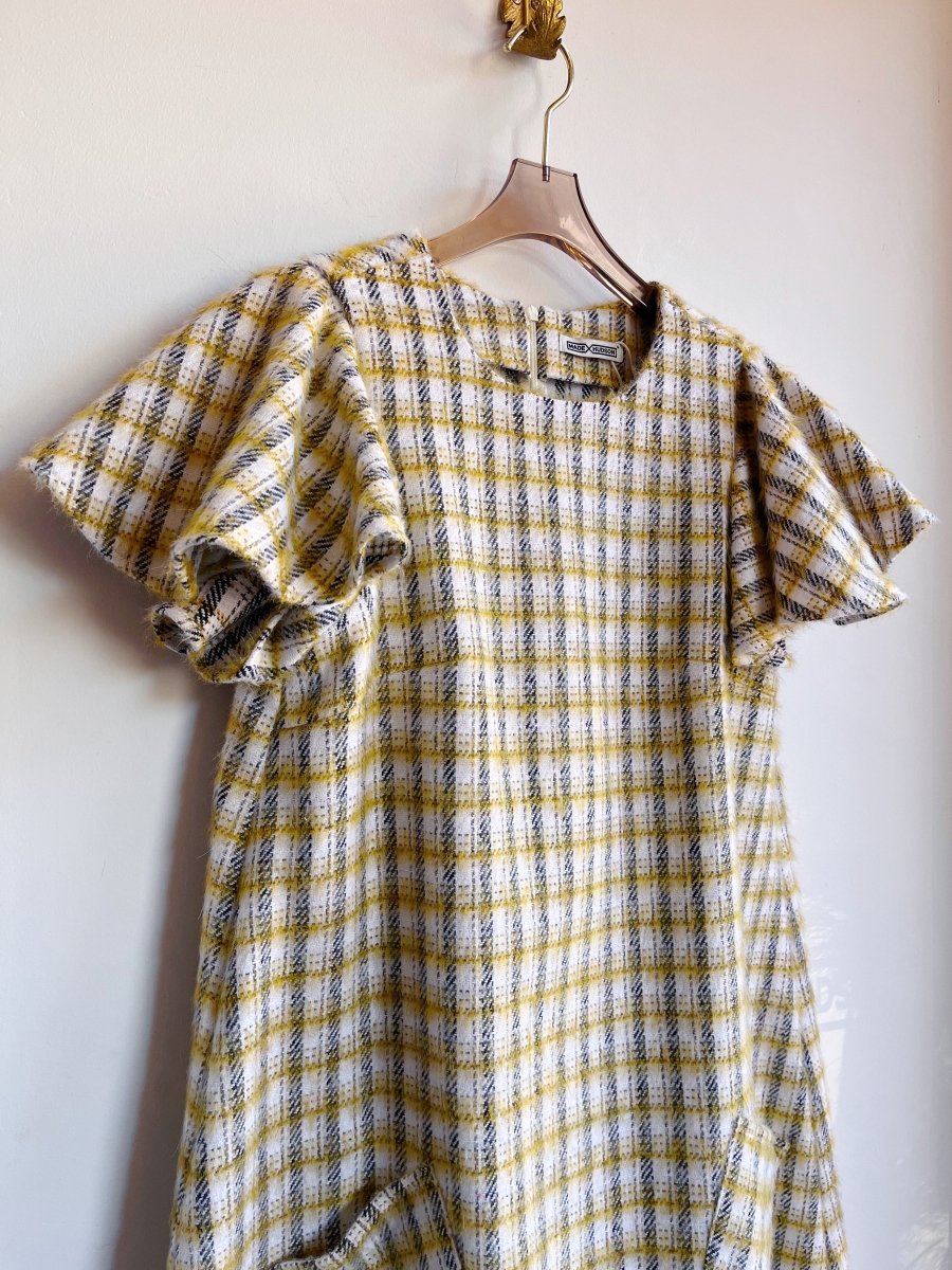 White, Gold, and Black Plaid Fuzzy Chore Dress with Flutter Sleeve - Made X Hudson