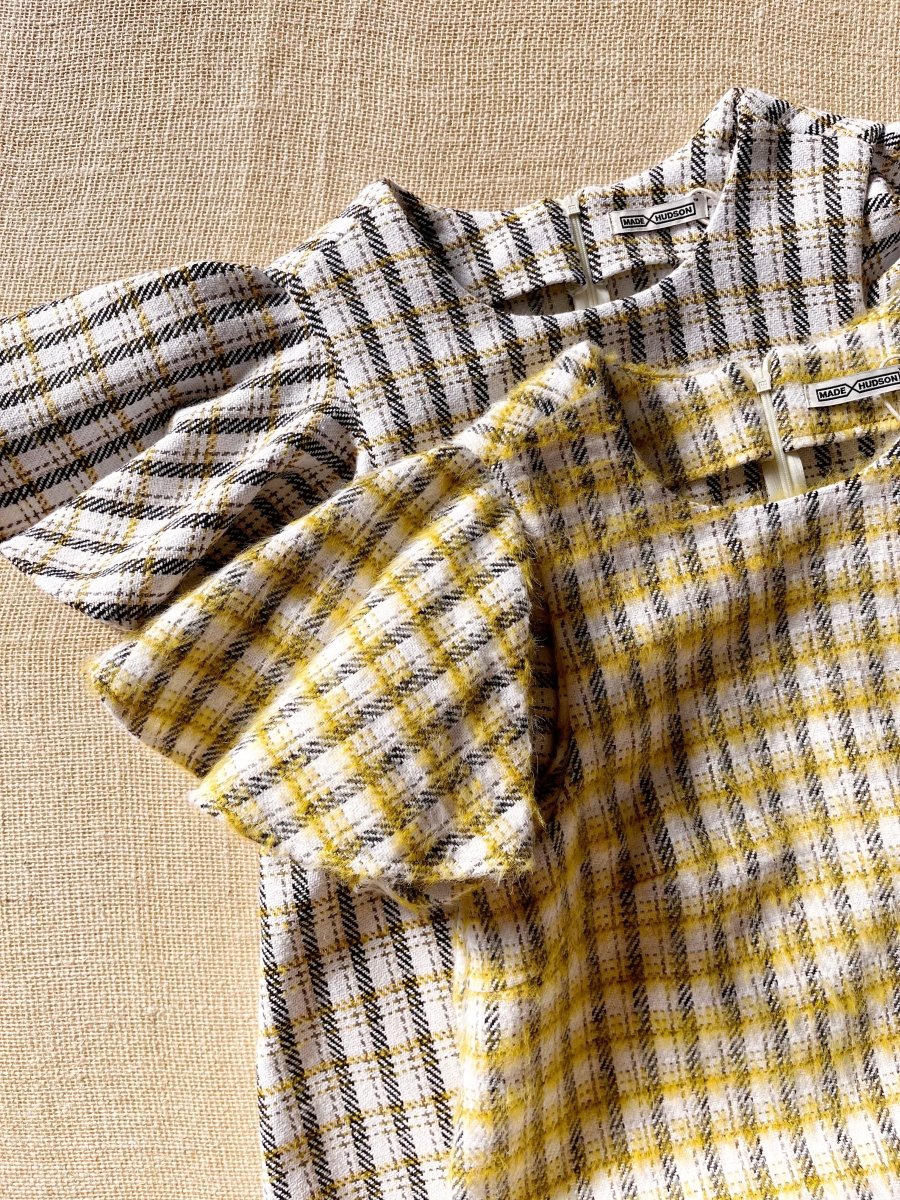 White, Gold, and Black Plaid Chore Dress with Flutter Sleeve - Made X Hudson