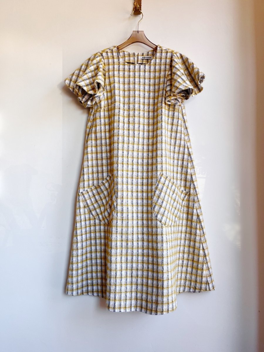 White, Gold, and Black Plaid Fuzzy Chore Dress with Flutter Sleeve - Made X Hudson