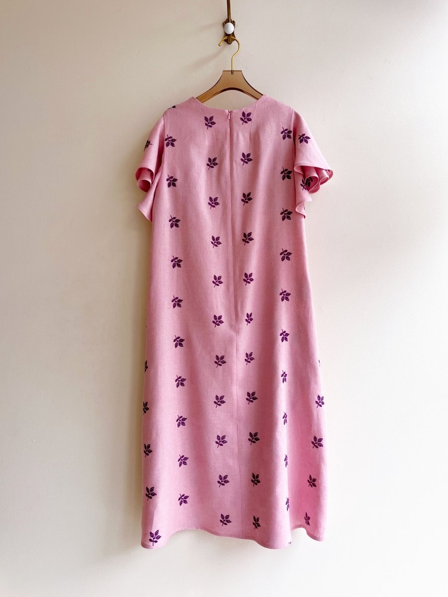 Blush and Purple Leaves Embroidered Chore Dress with Flutter Sleeve - Made X Hudson