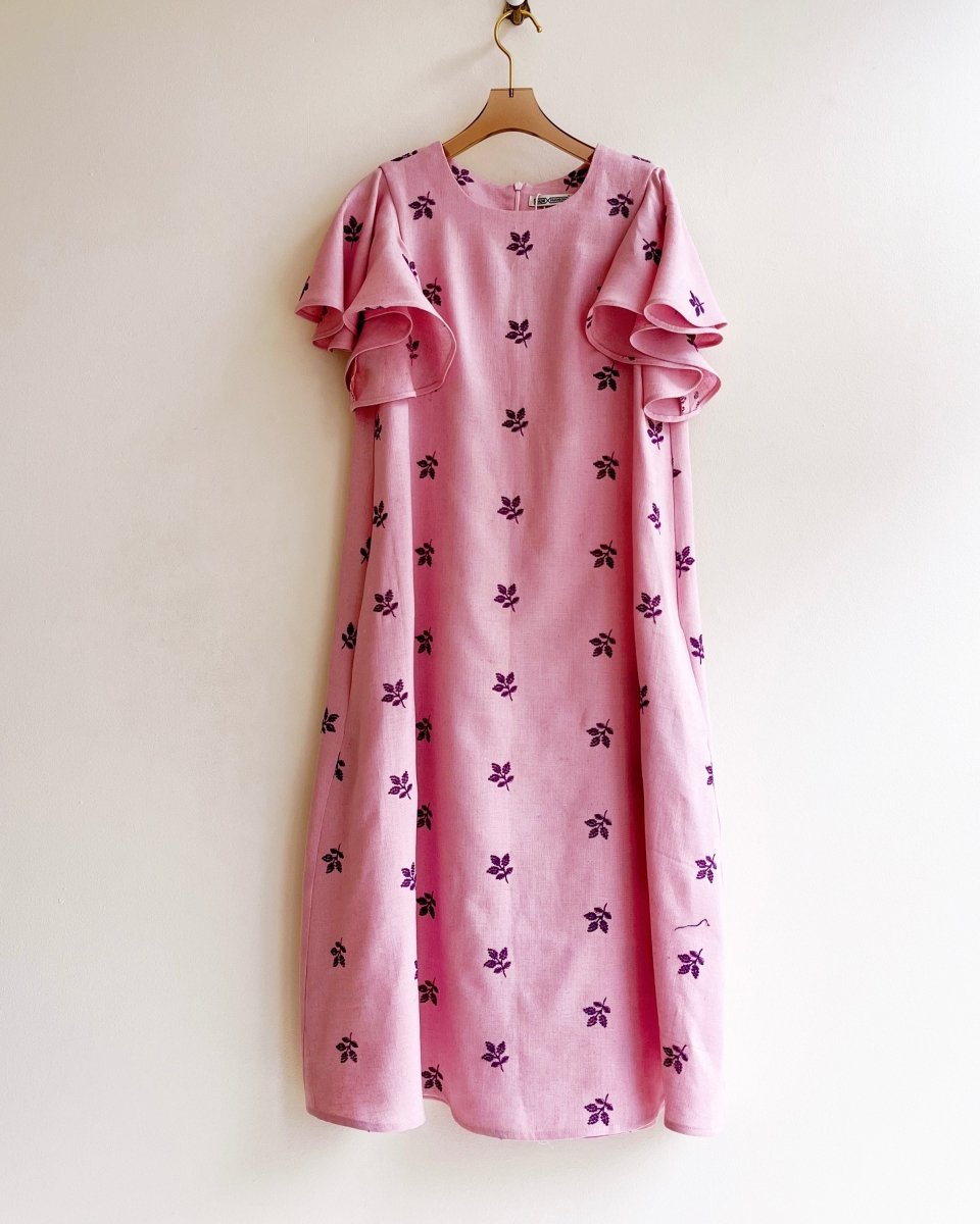 Blush and Purple Leaves Embroidered Chore Dress with Flutter Sleeve - Made X Hudson