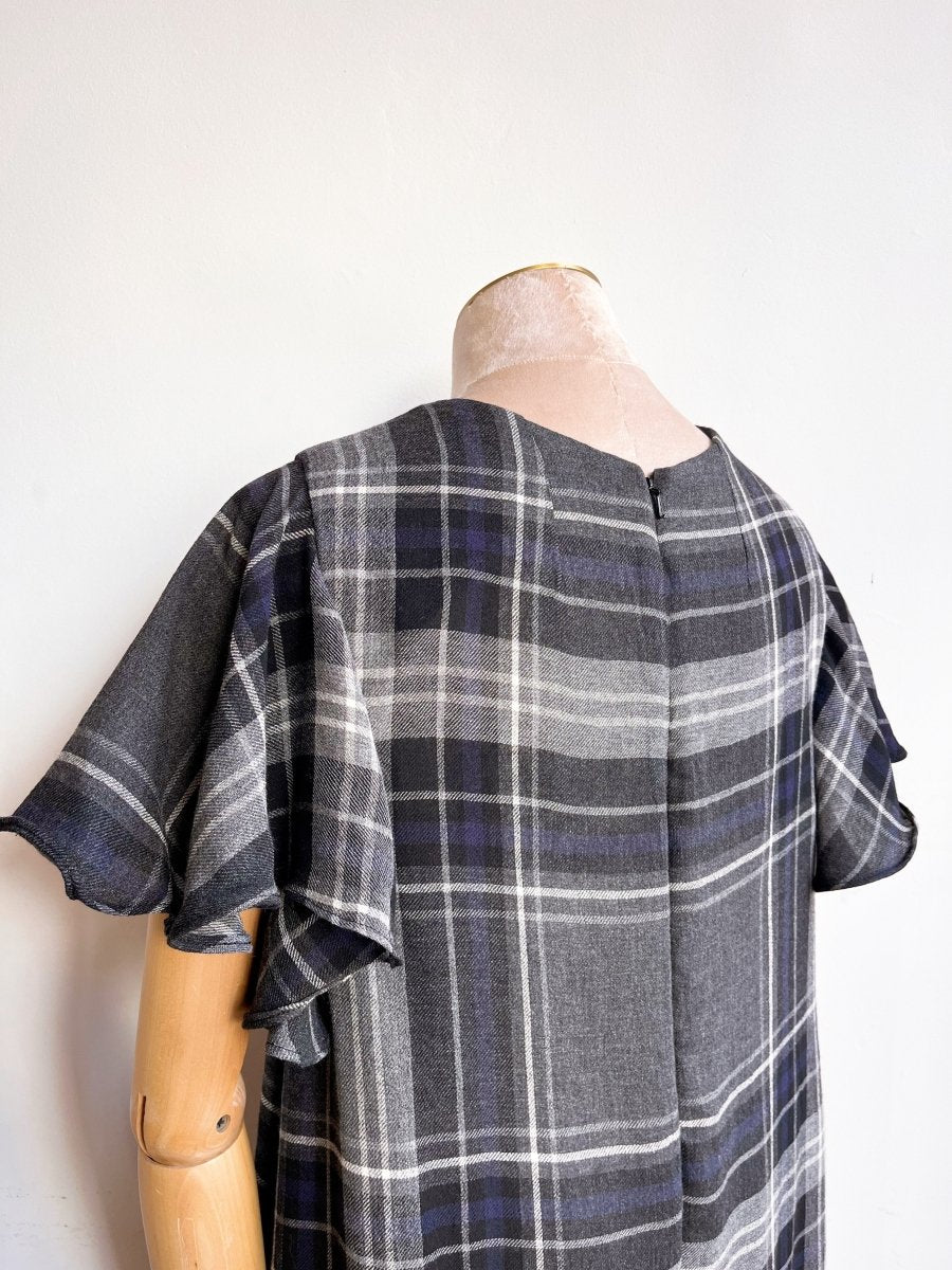 Black, Blue, and Grey Plaid Chore Dress with Flutter Sleeve and Patch Pockets - Made X Hudson