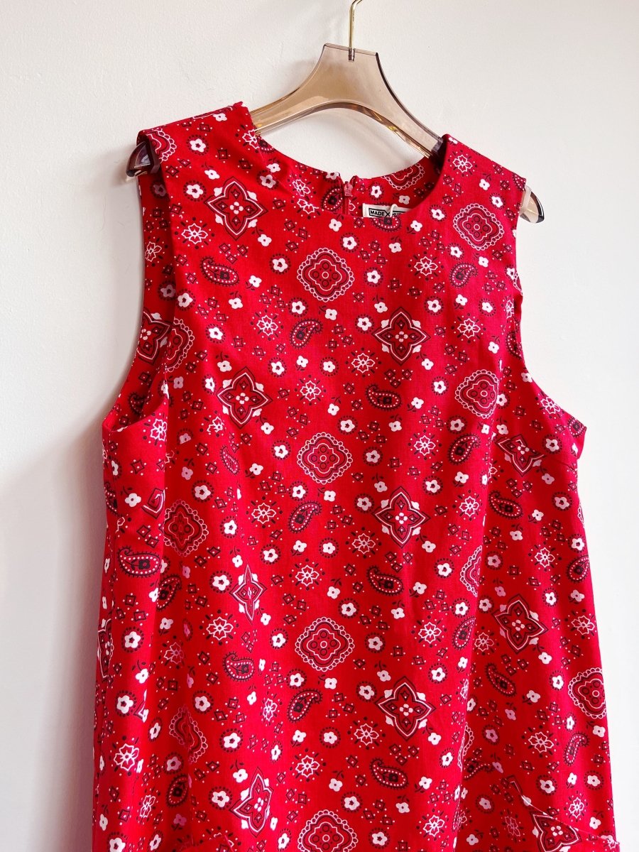 Red Bandana Print Chore Dress w/ Patch Pockets - Made X Hudson