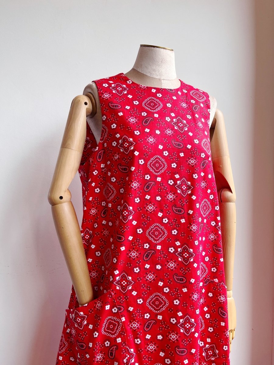 Red Bandana Print Chore Dress w/ Patch Pockets - Made X Hudson