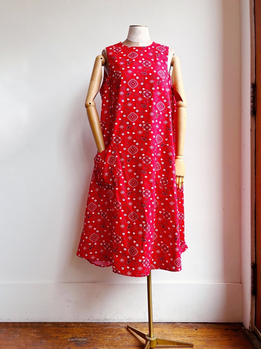 Red Bandana Print Chore Dress w/ Patch Pockets - Made X Hudson