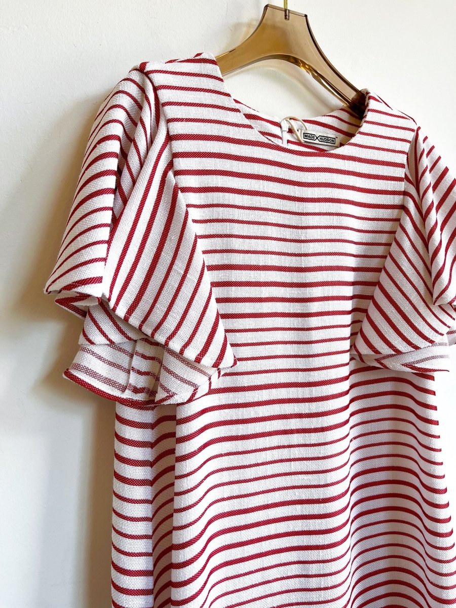 Red and White Stripe Chore Dress with Flutter Sleeve - Made X Hudson