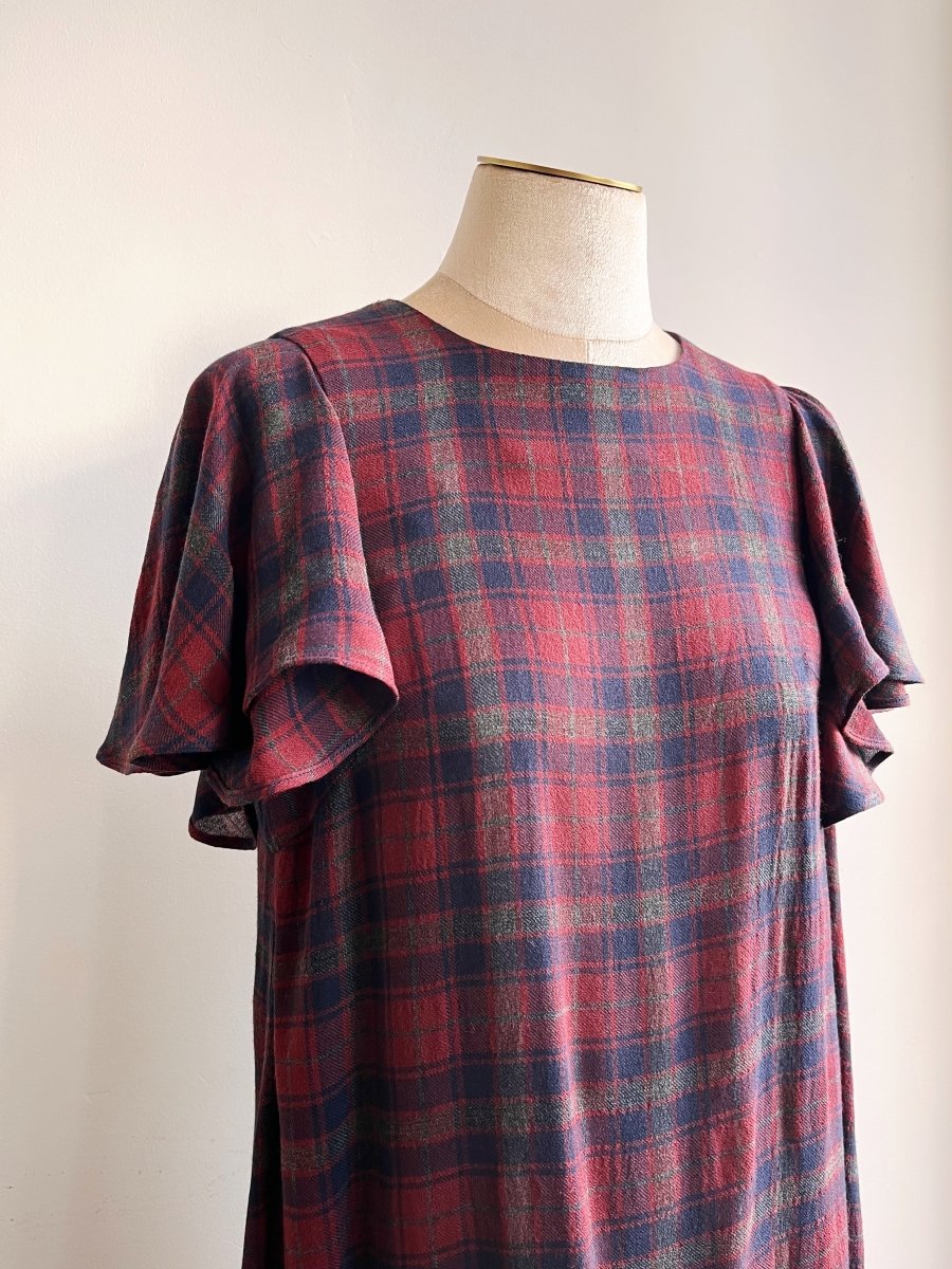 Red and Navy Plaid Chore Dress w/ Flutter Sleeve - Made X Hudson