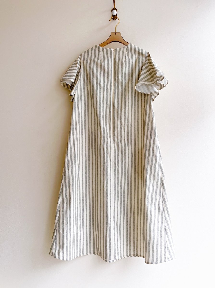Sage & White Stripe Chore Dress w/ Flutter Sleeve and Patch Pockets - Made X Hudson