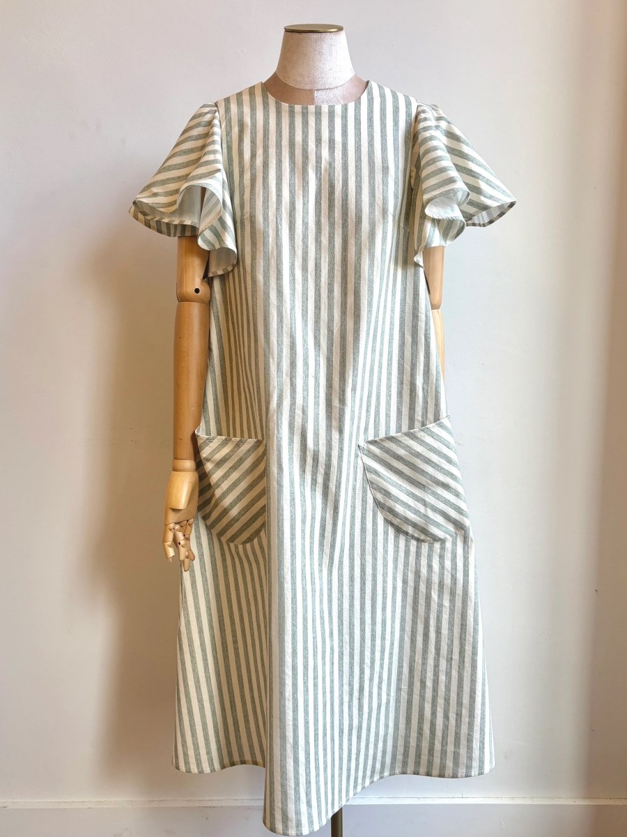 Sage & White Stripe Chore Dress w/ Flutter Sleeve and Patch Pockets - Made X Hudson
