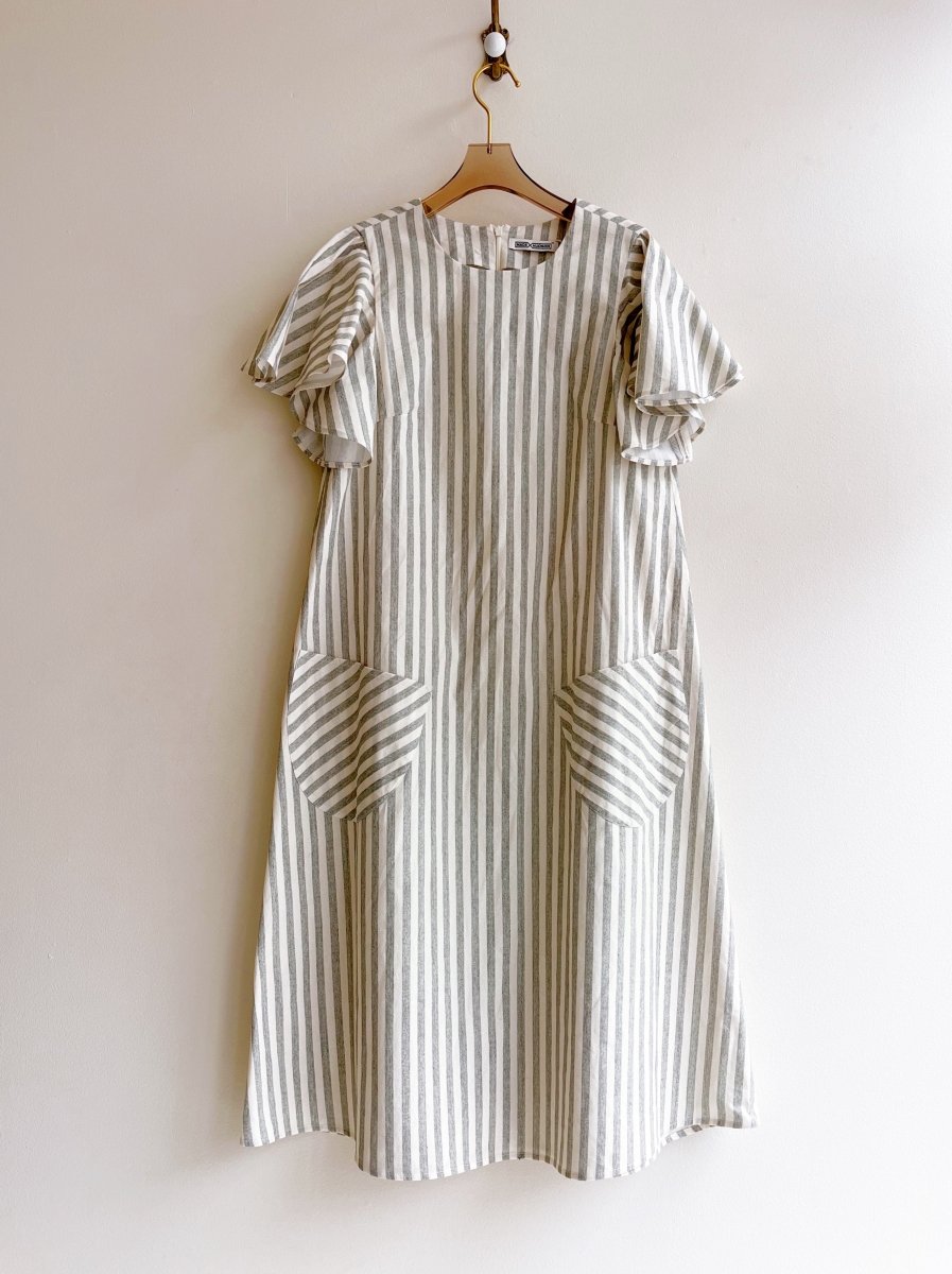 Sage & White Stripe Chore Dress w/ Flutter Sleeve and Patch Pockets - Made X Hudson