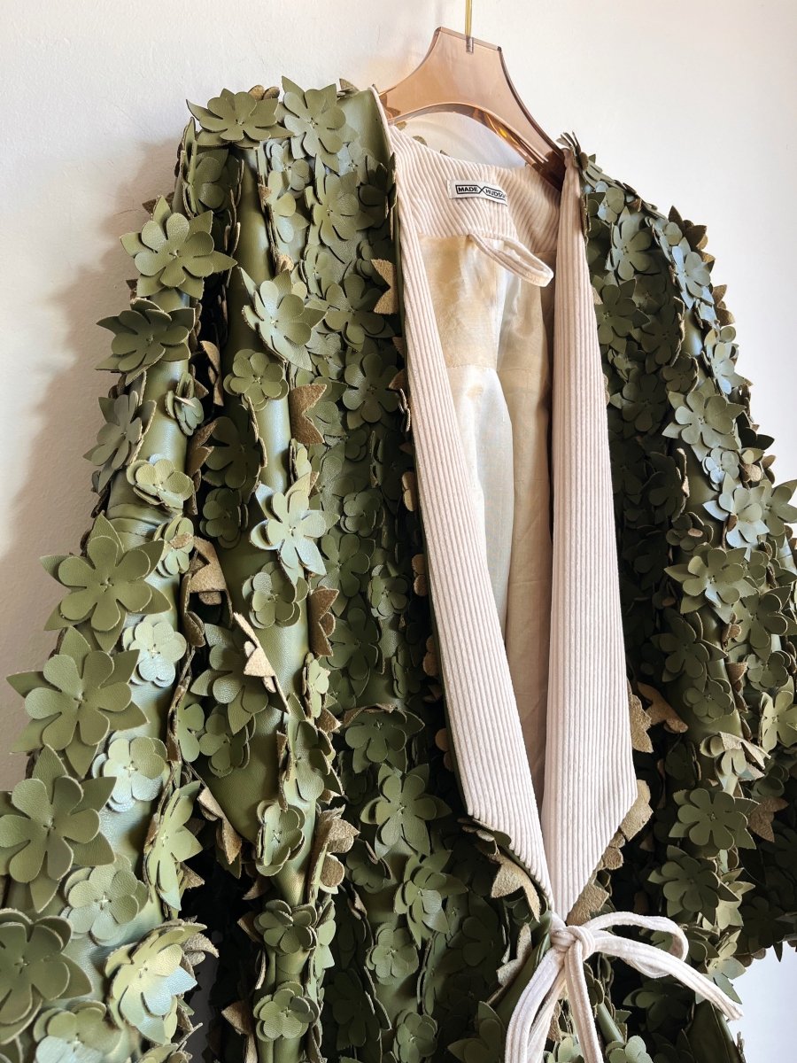 Olive Green Sculptural Floral Faux Leather Chore Jacket - Made X Hudson