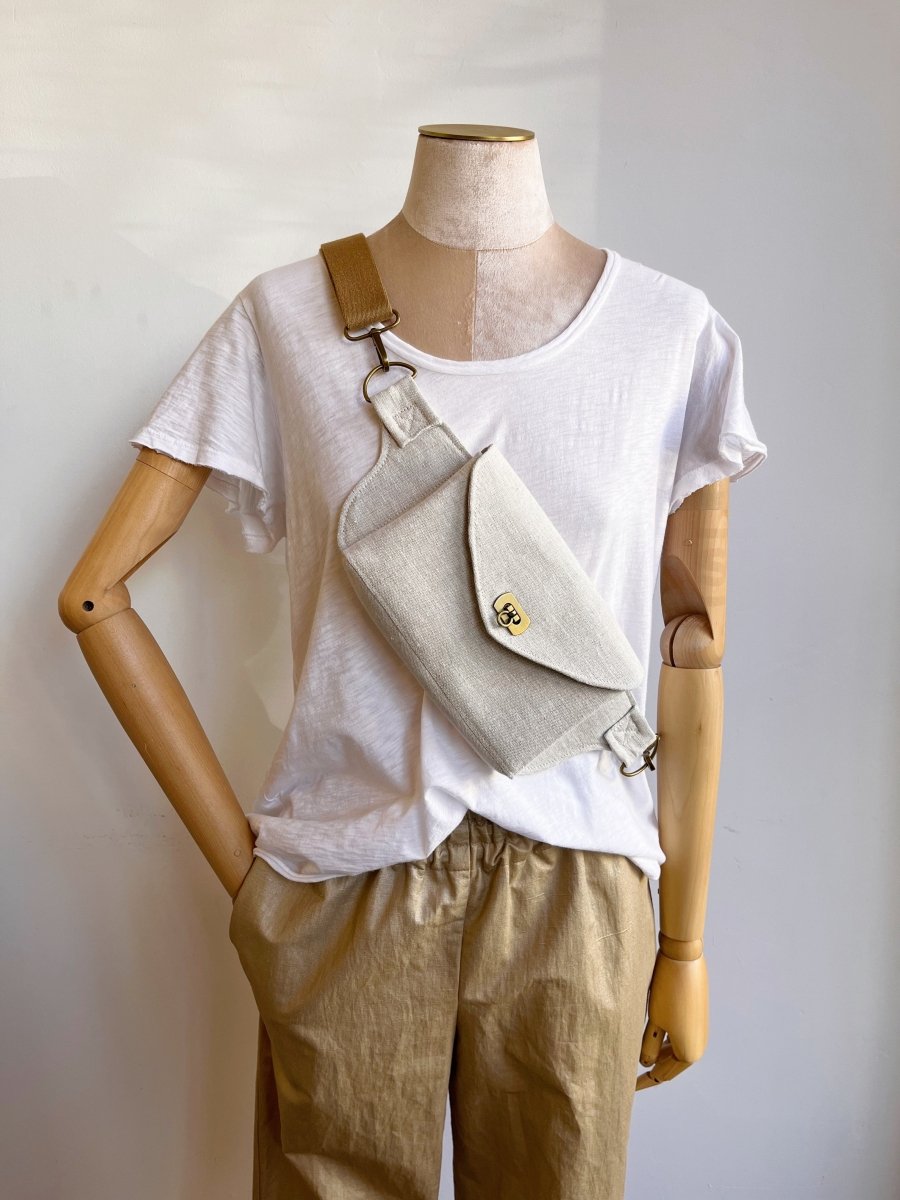 Cross - Body Bag in Natural Linen w/ Dark Khaki Strap - Made X Hudson