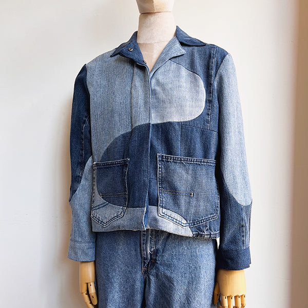 Denim Jacket with Patchwork (Quilted Rectangle & Lace Trim