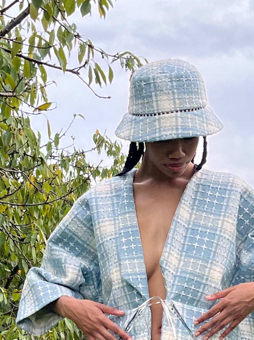 Pale Blue Wool Tweed Bucket Hat with Crystal Trim Accent