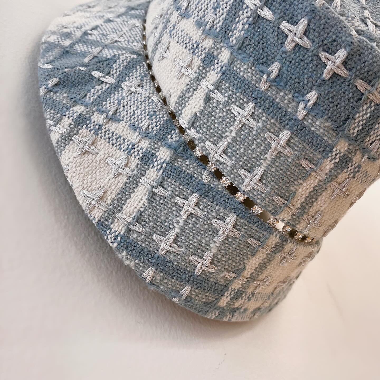 Pale Blue Wool Tweed Bucket Hat with Crystal Trim Accent