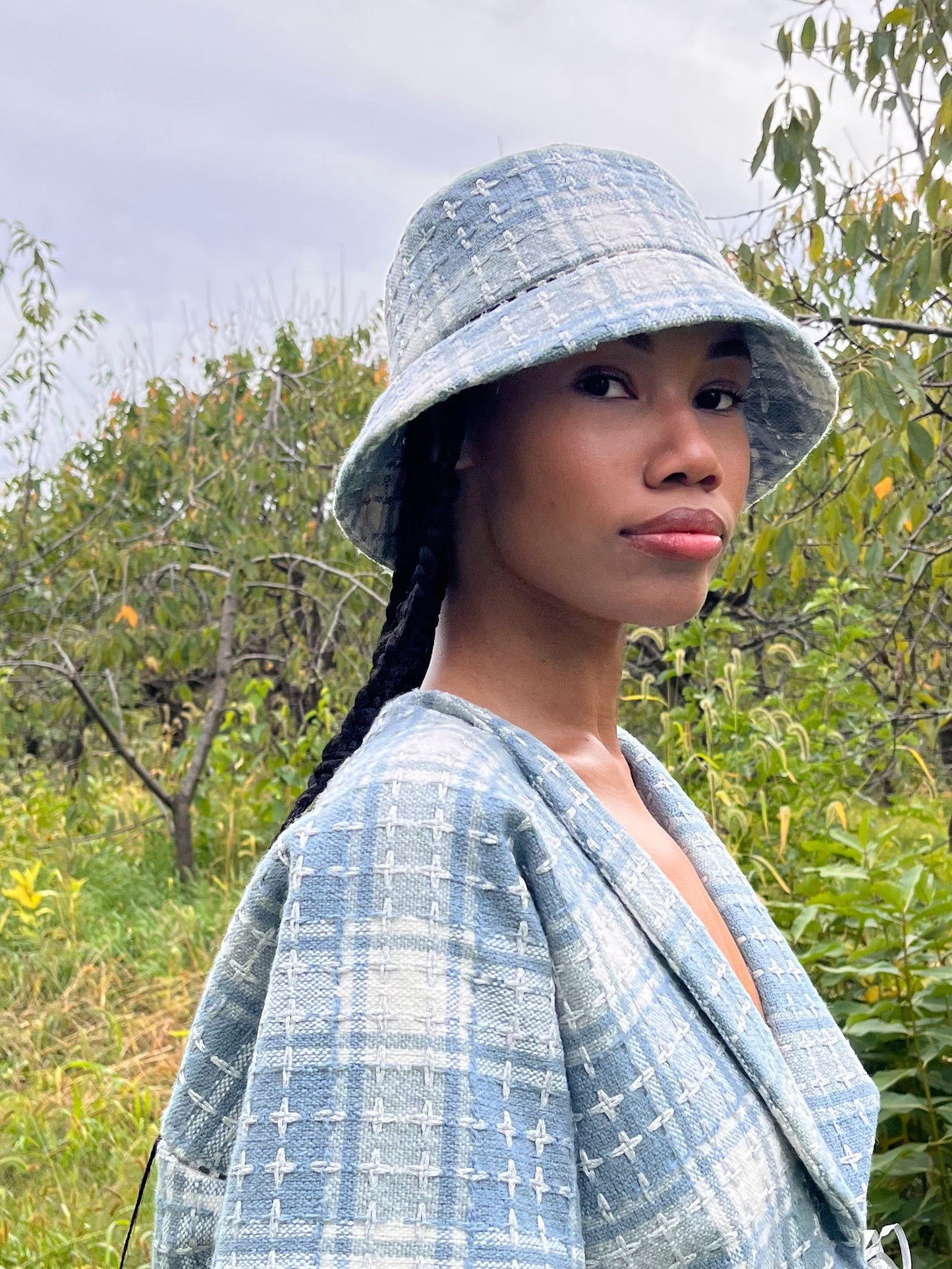 Pale Blue Wool Tweed Bucket Hat with Crystal Trim Accent