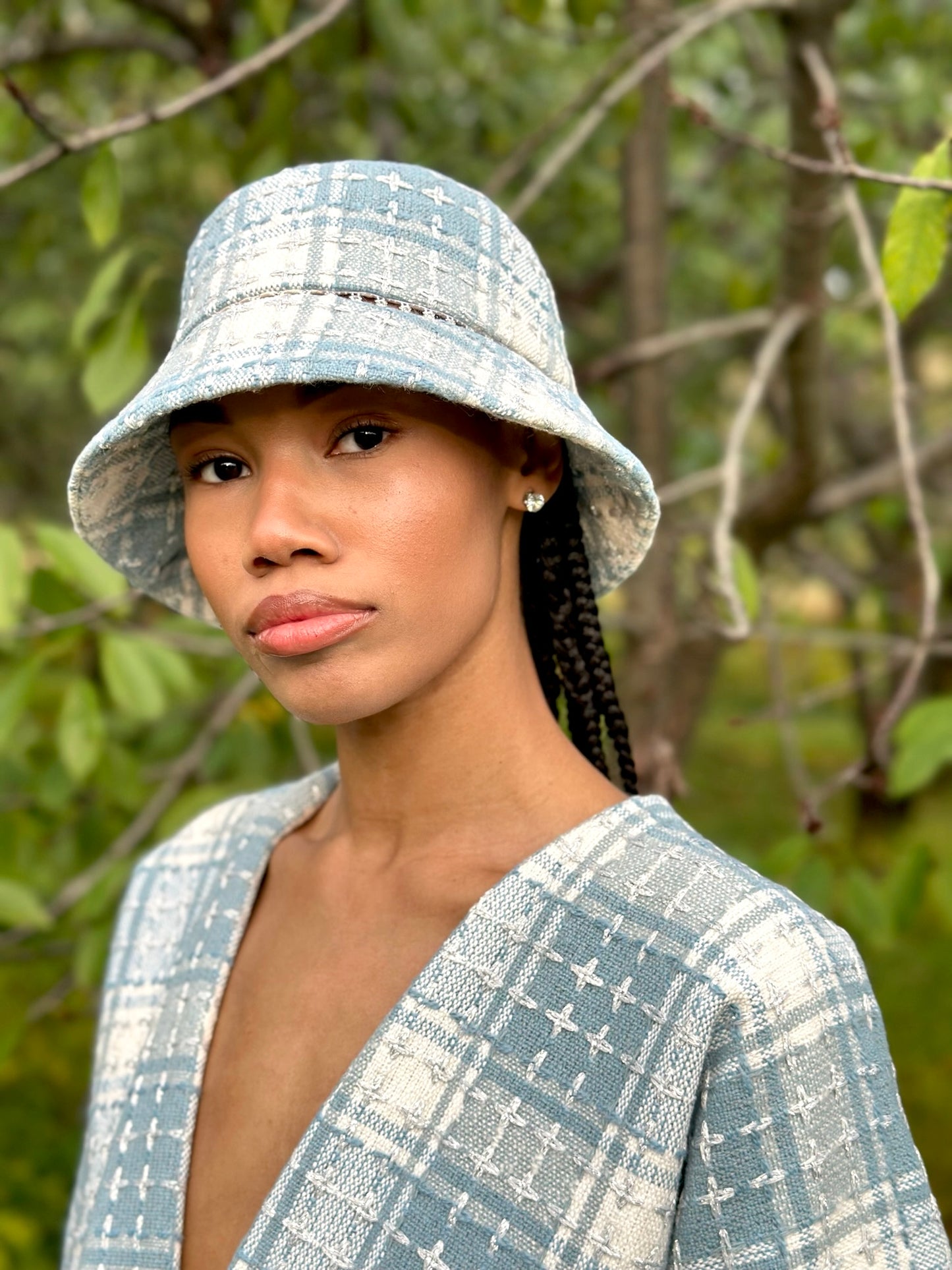 Pale Blue Wool Tweed Bucket Hat with Crystal Trim Accent