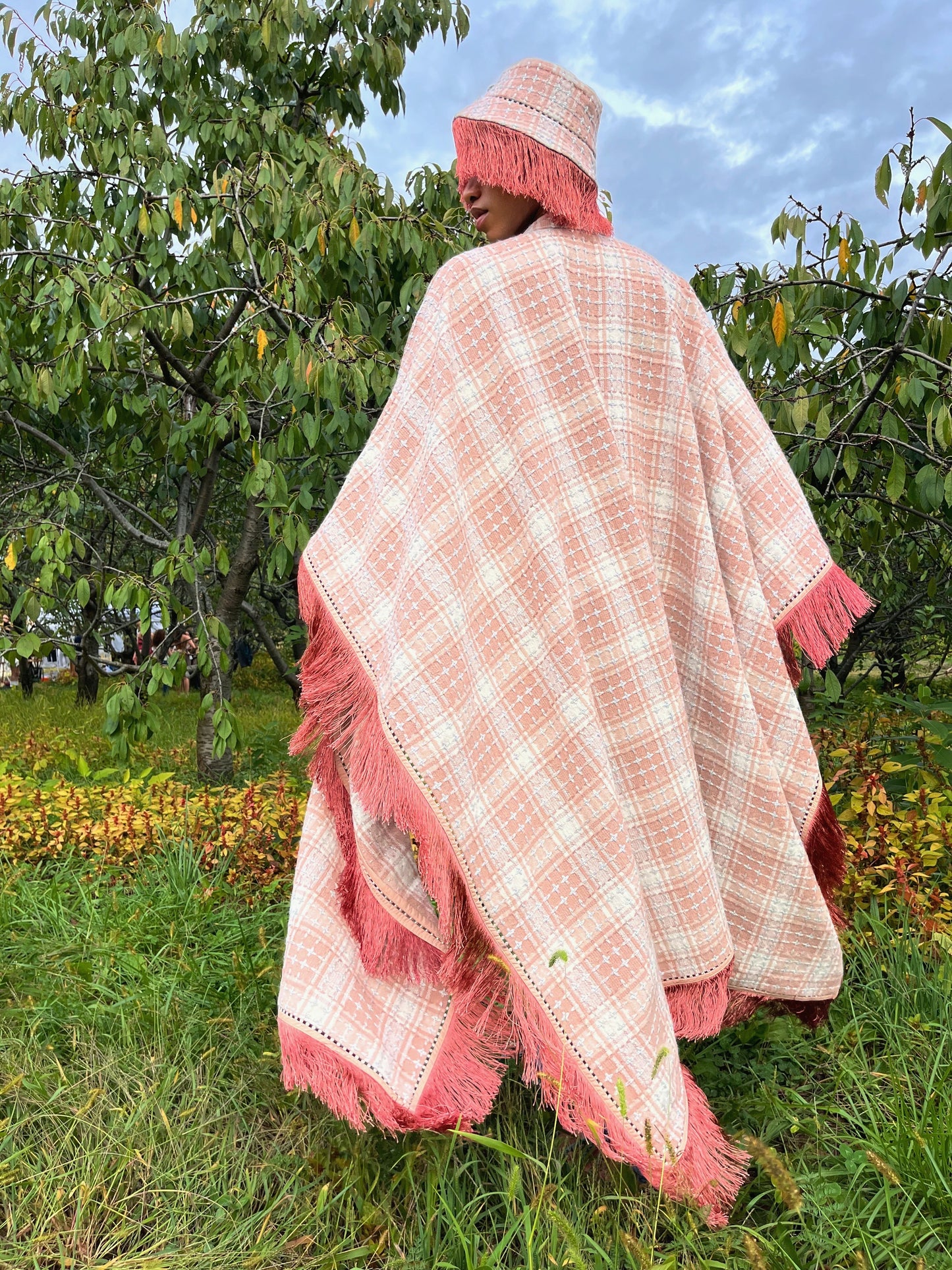 Blush Wool Tweed Cape with Crystal & Silk Fringe Accent