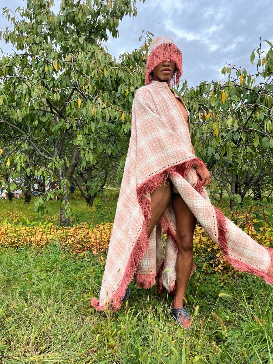 Blush Wool Tweed Cape with Crystal & Silk Fringe Accent - Made X Hudson