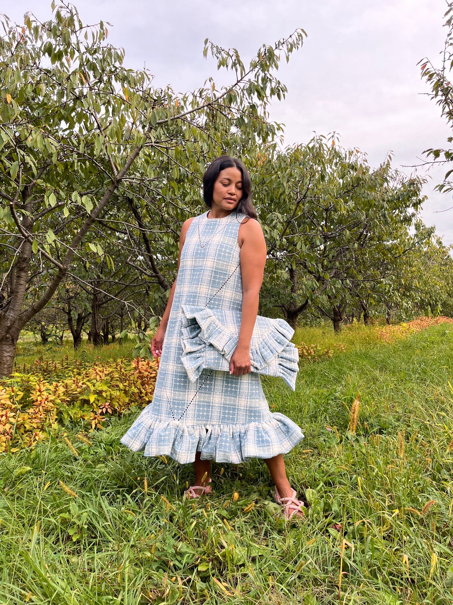 Pale Blue Wool Tweed Ruffle Chore Dress with Crystal Accent